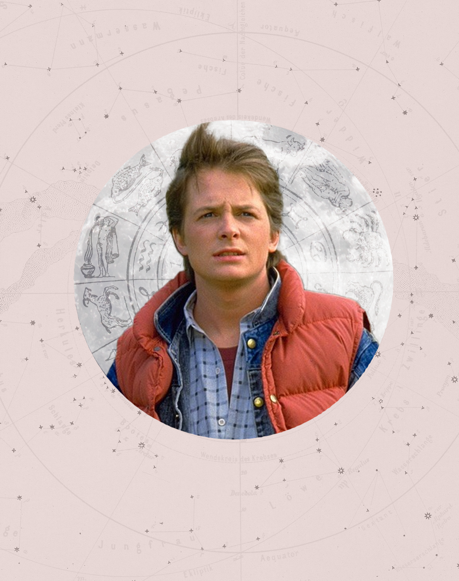 Marty Mcfly from Back to the Future surrounded by zodiac atmosphere for monthly horoscopes: decemeber 2025