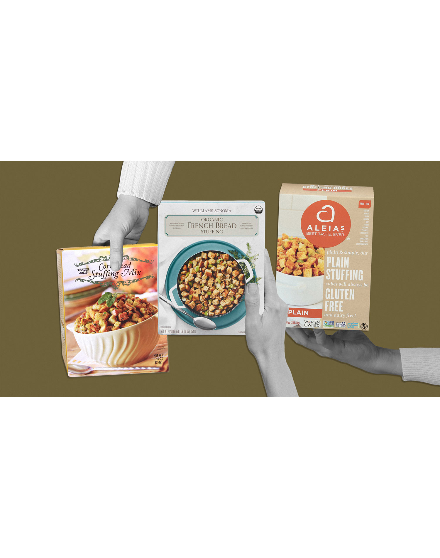 best stuffing mix review: three store-bought stuffing mixes on a green background