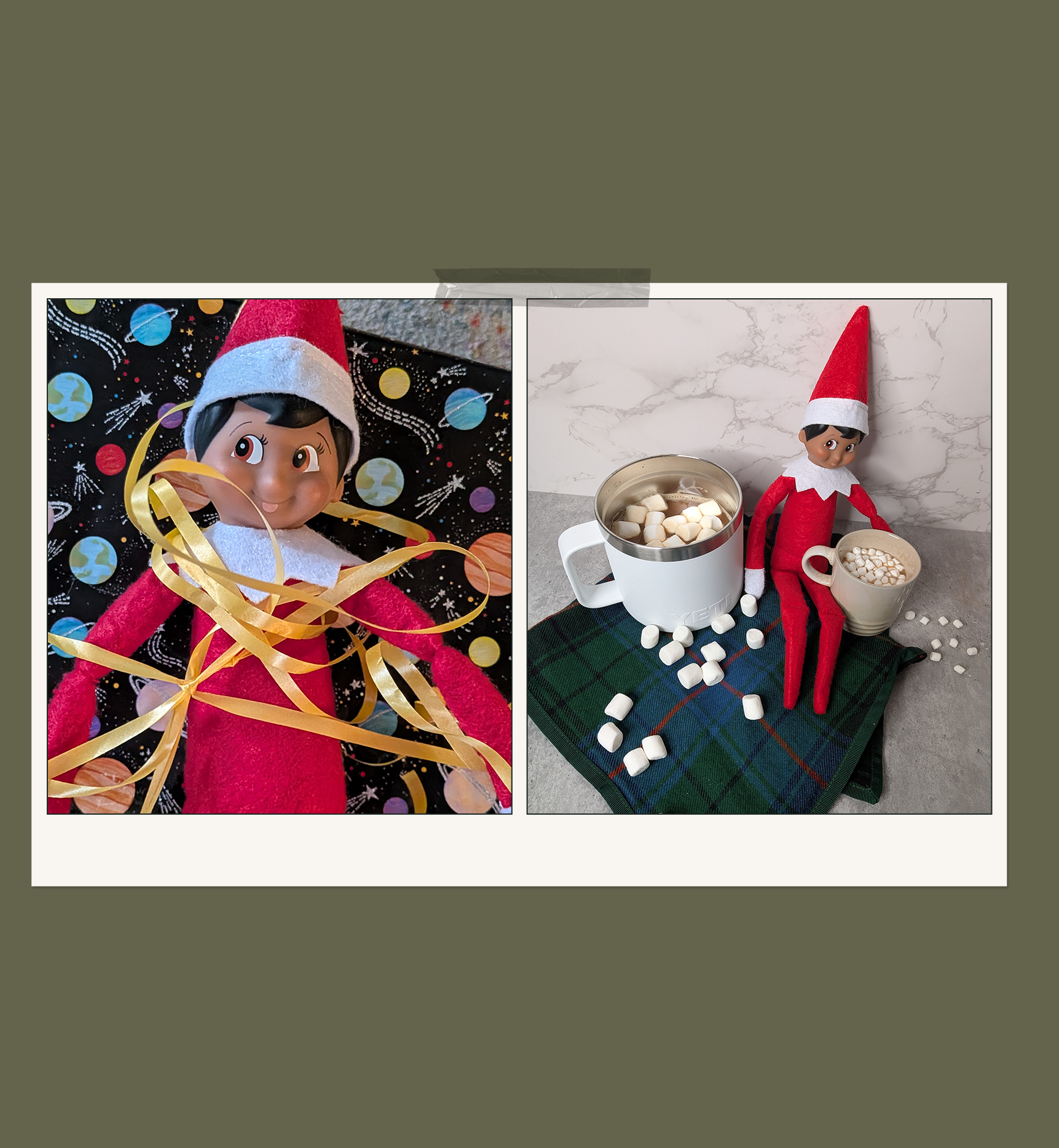 elf on the shelf wrapped up and serving mini hot cocoa