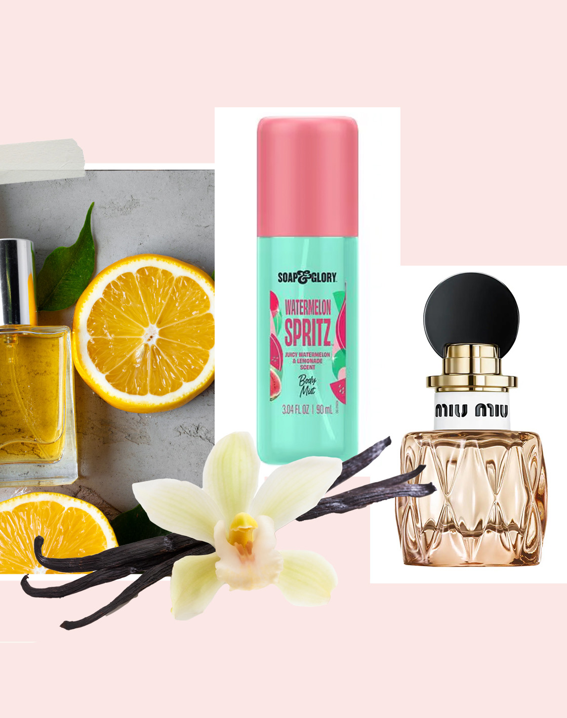 fragrance rules to break: Collage of scents and ingredients