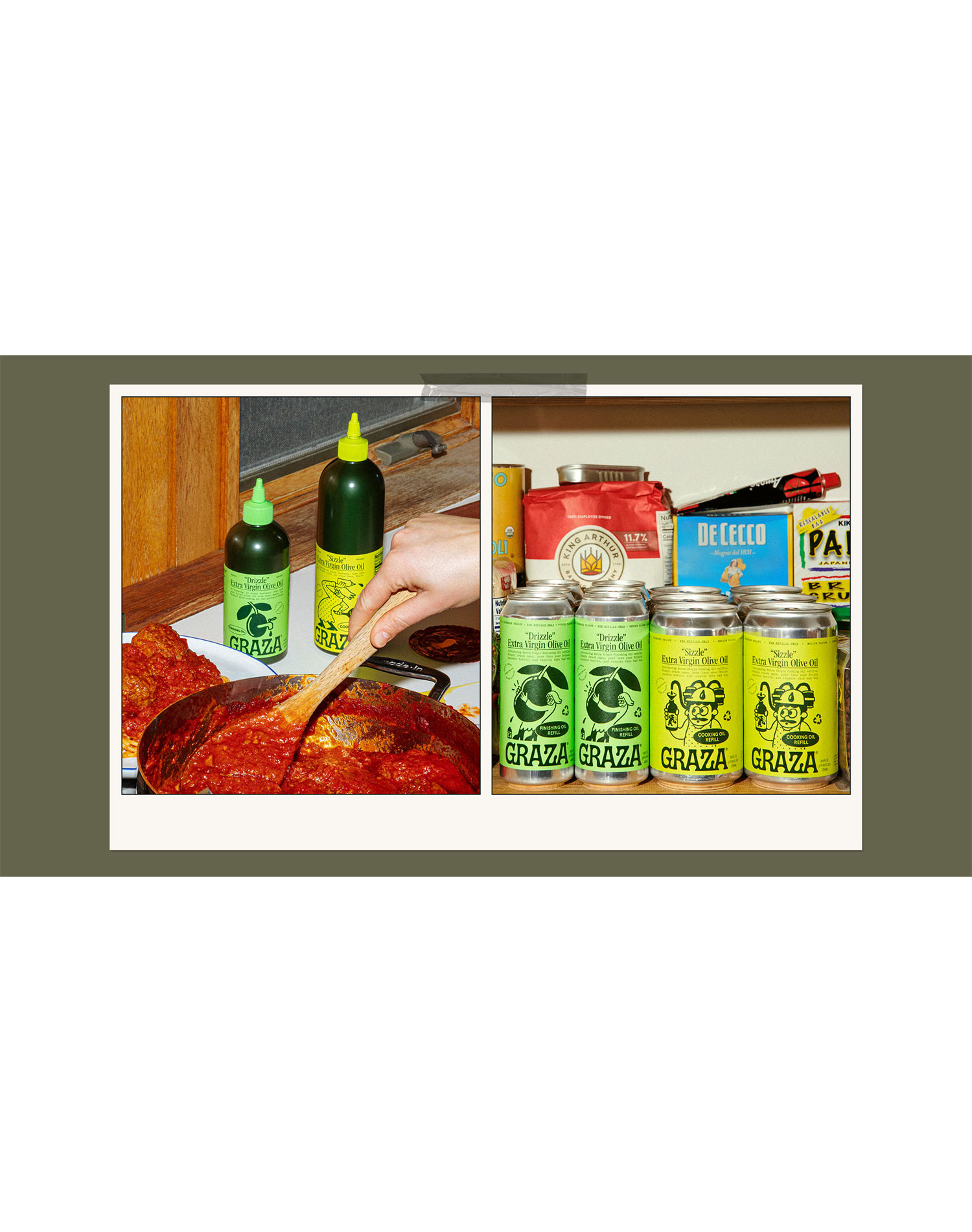 graza olive oil sale: graza squeeze bottles near a person cooking and graza refill cans in a pantry