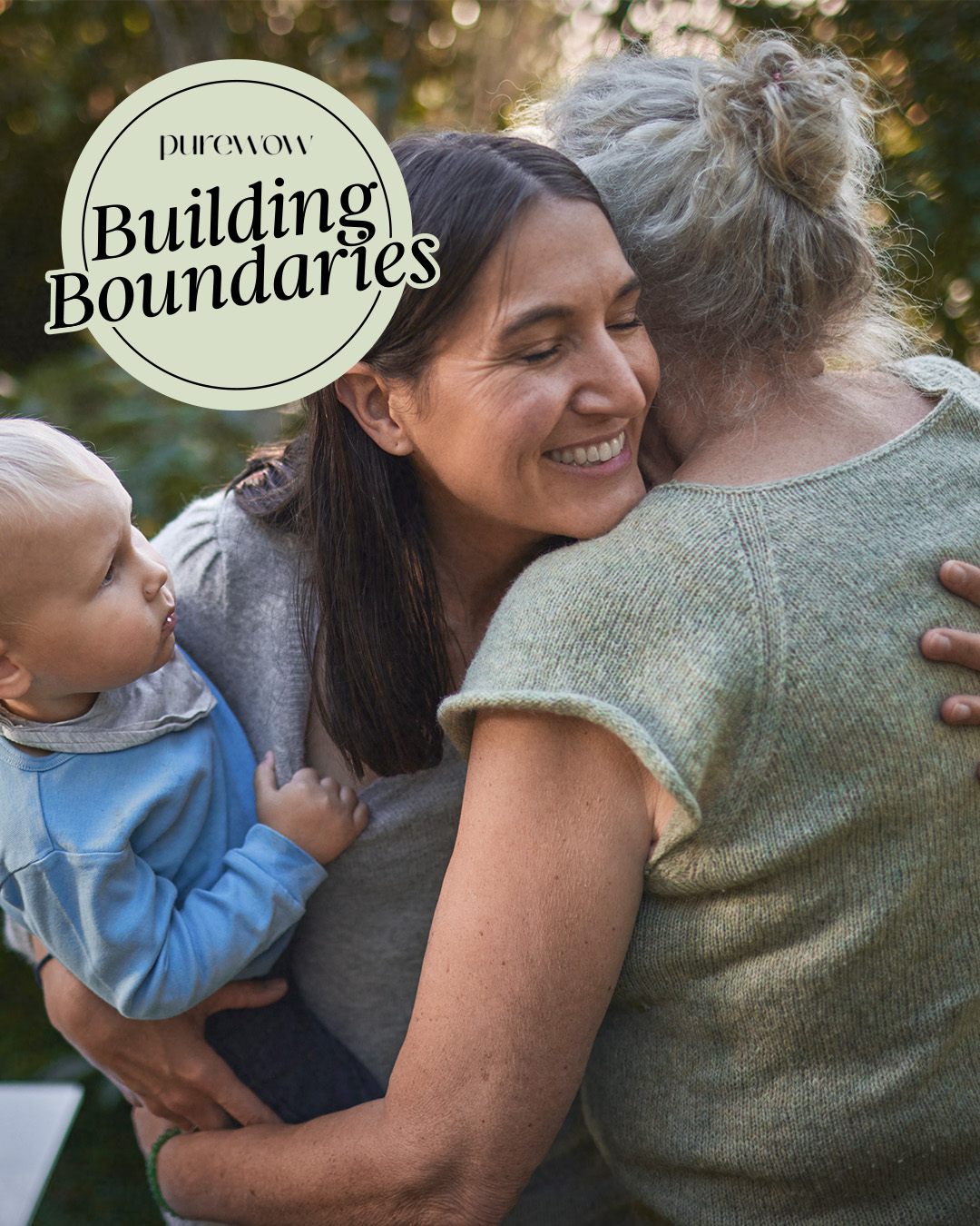Overwhelmed woman holding a baby hugs her demanding mother-in-law