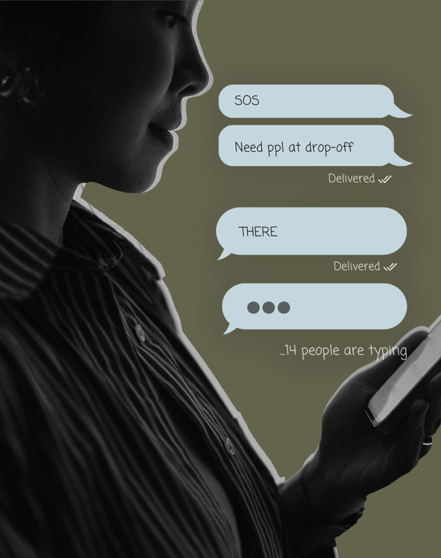 A silhouette of a mother holding a phone with overlay of the mom group chat