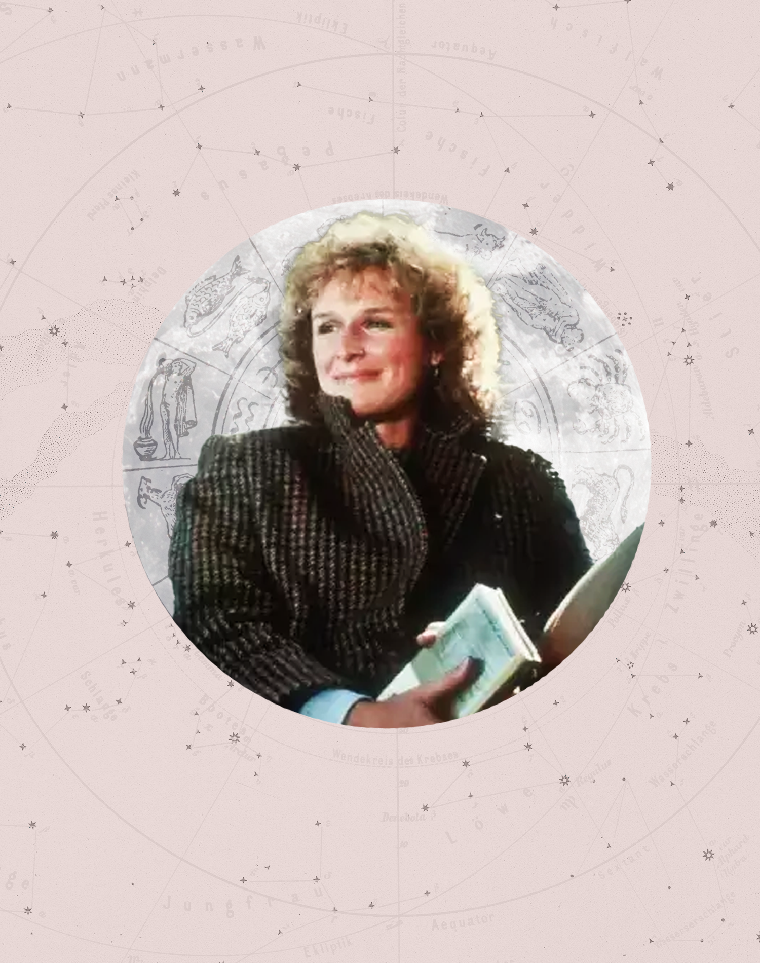 Glenn Close from The Big Chill framed by astrology design for weekly horoscopes Nov 23, 2025