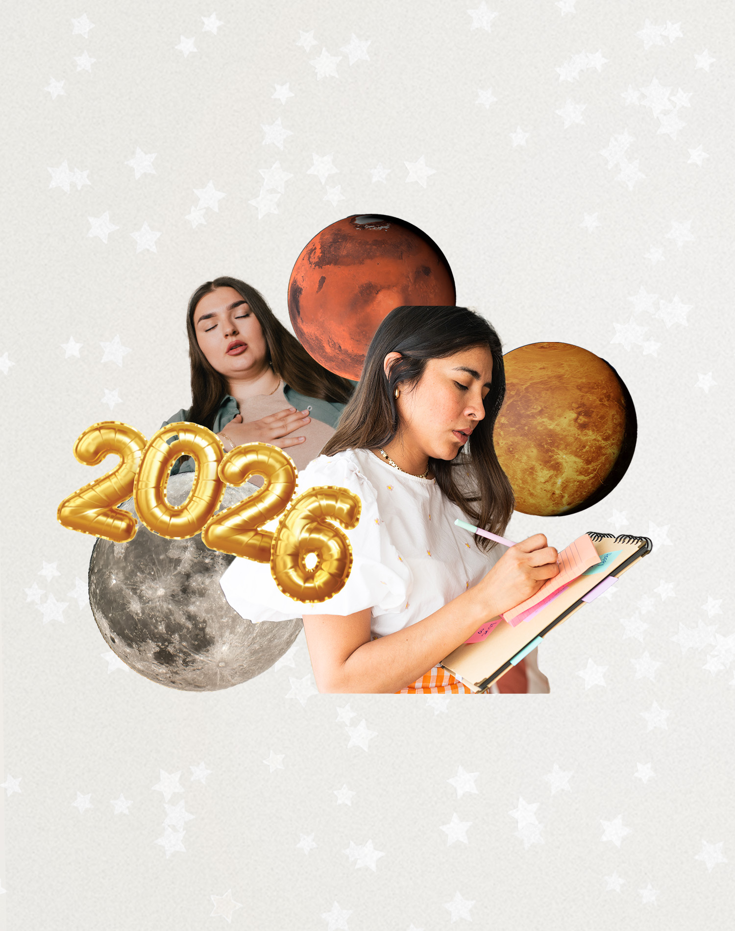 Collage of planets and 2026 balloons for things zodiac signs should do before new year